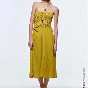 Olive midi exposed shoulders, neck tie dress